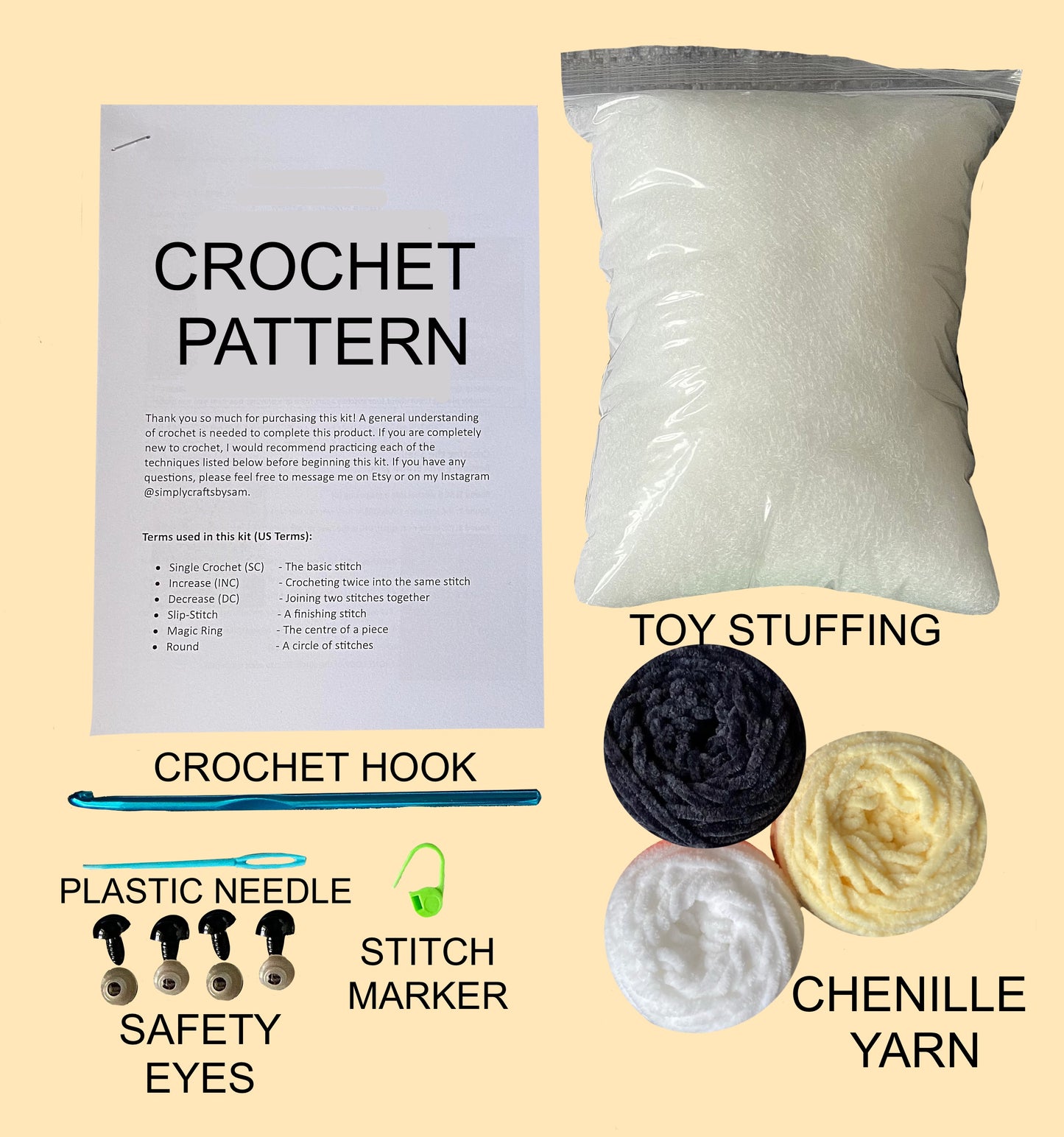 Contents of the bee crochet kit including an easy to follow written crochet pattern, toy stuffing, three colours of chenille yarn (black, white and yellow), crochet hook, plastic needle, stitch marker and safety eyes with backs