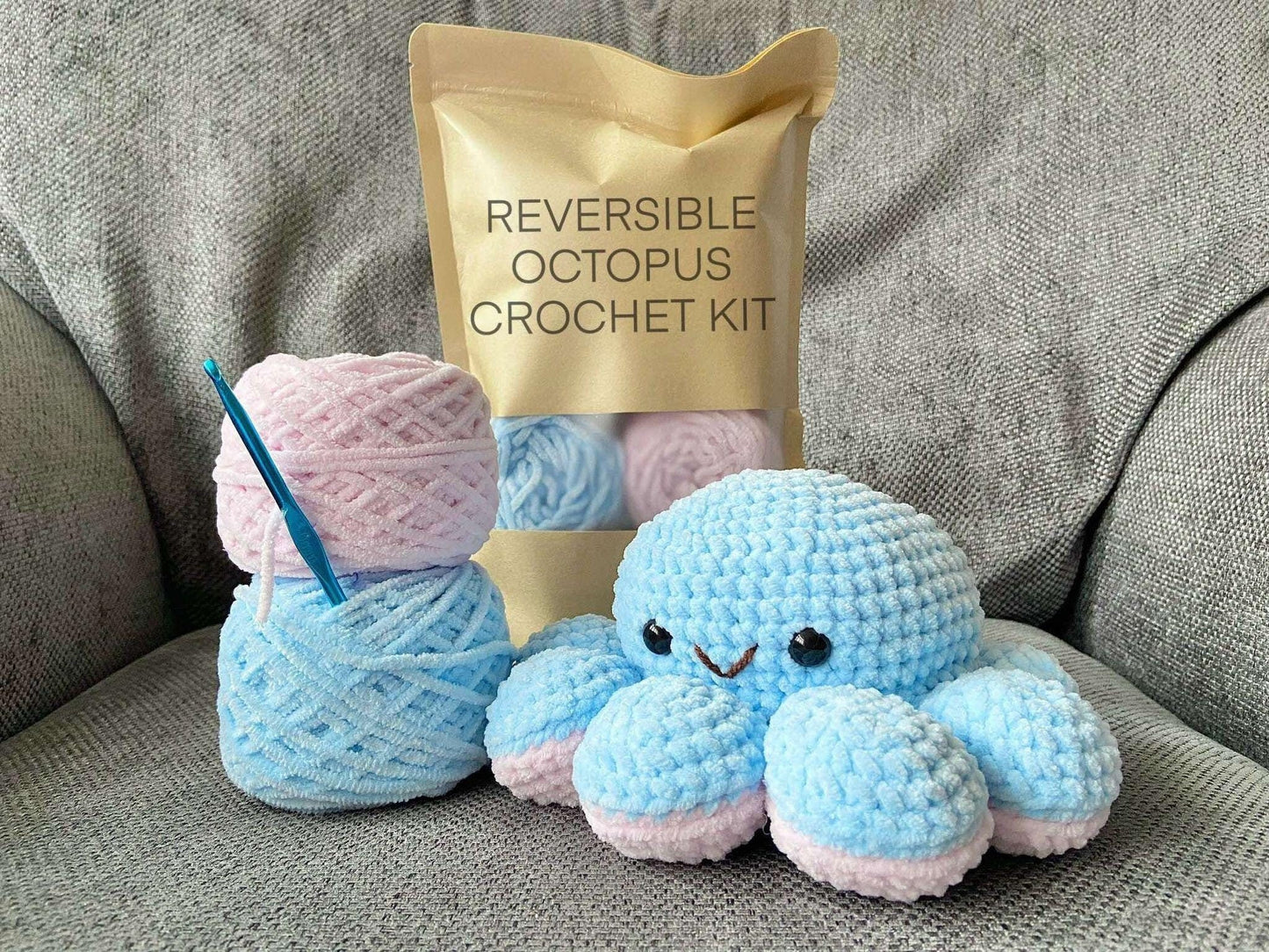 Reversible Octopus Crochet Kit: Pastel Blue / Pastel Pink
