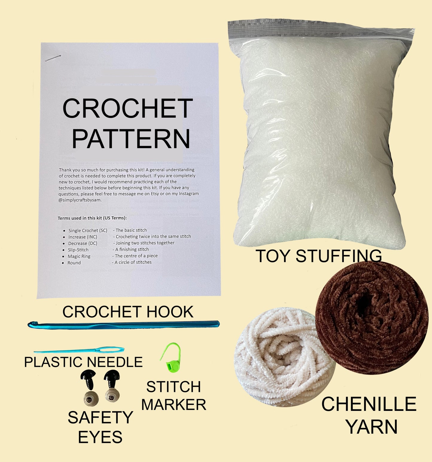 Contents of the otter crochet kit including a written crochet pattern, toy stuffing, crochet hook, plastic needle, plastic stitch marker, two colours of chunky chenille yarn and safety eyes with backs