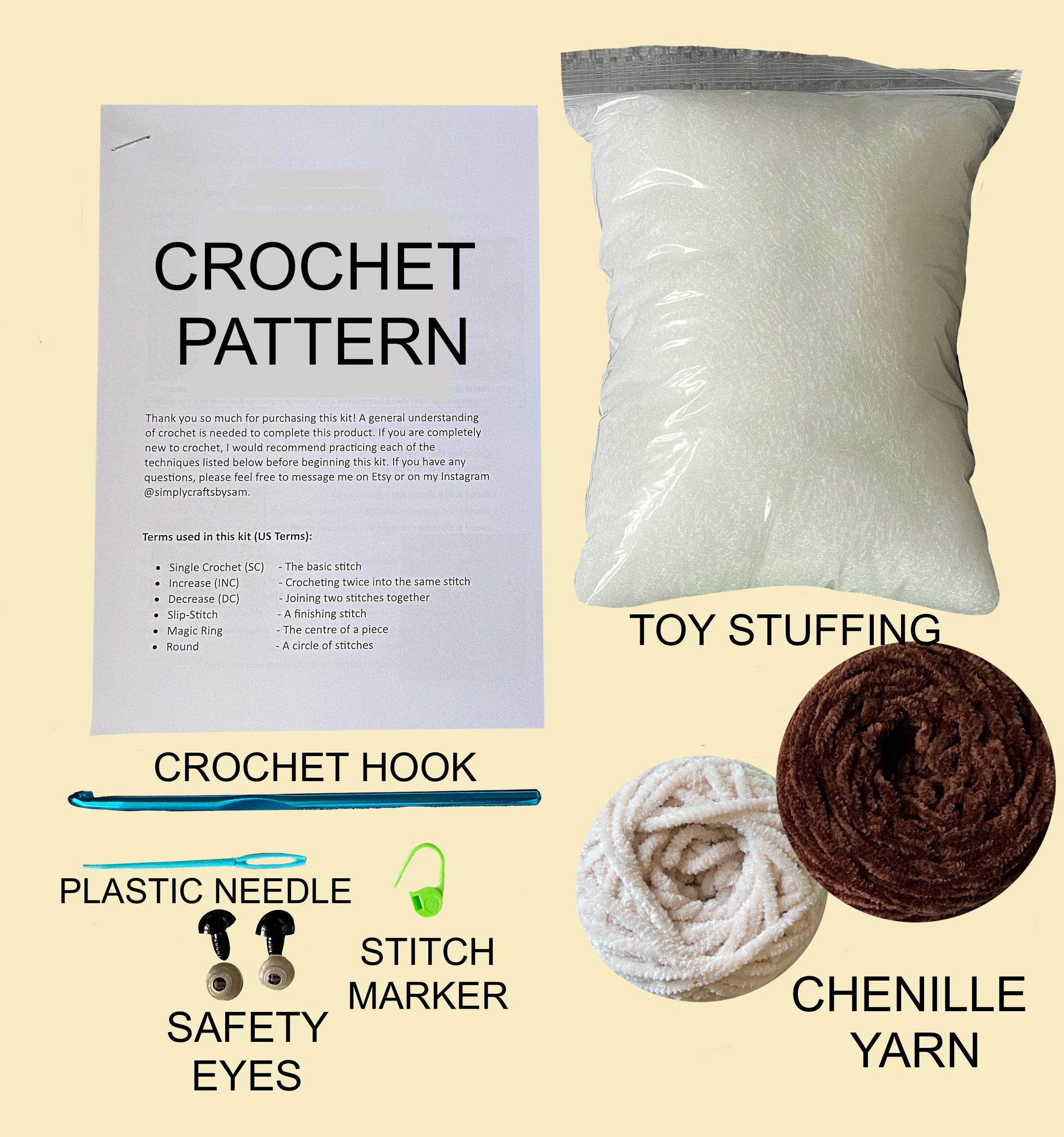 Contents of the otter crochet kit including a written crochet pattern, toy stuffing, crochet hook, plastic needle, plastic stitch marker, two colours of chunky chenille yarn and safety eyes with backs