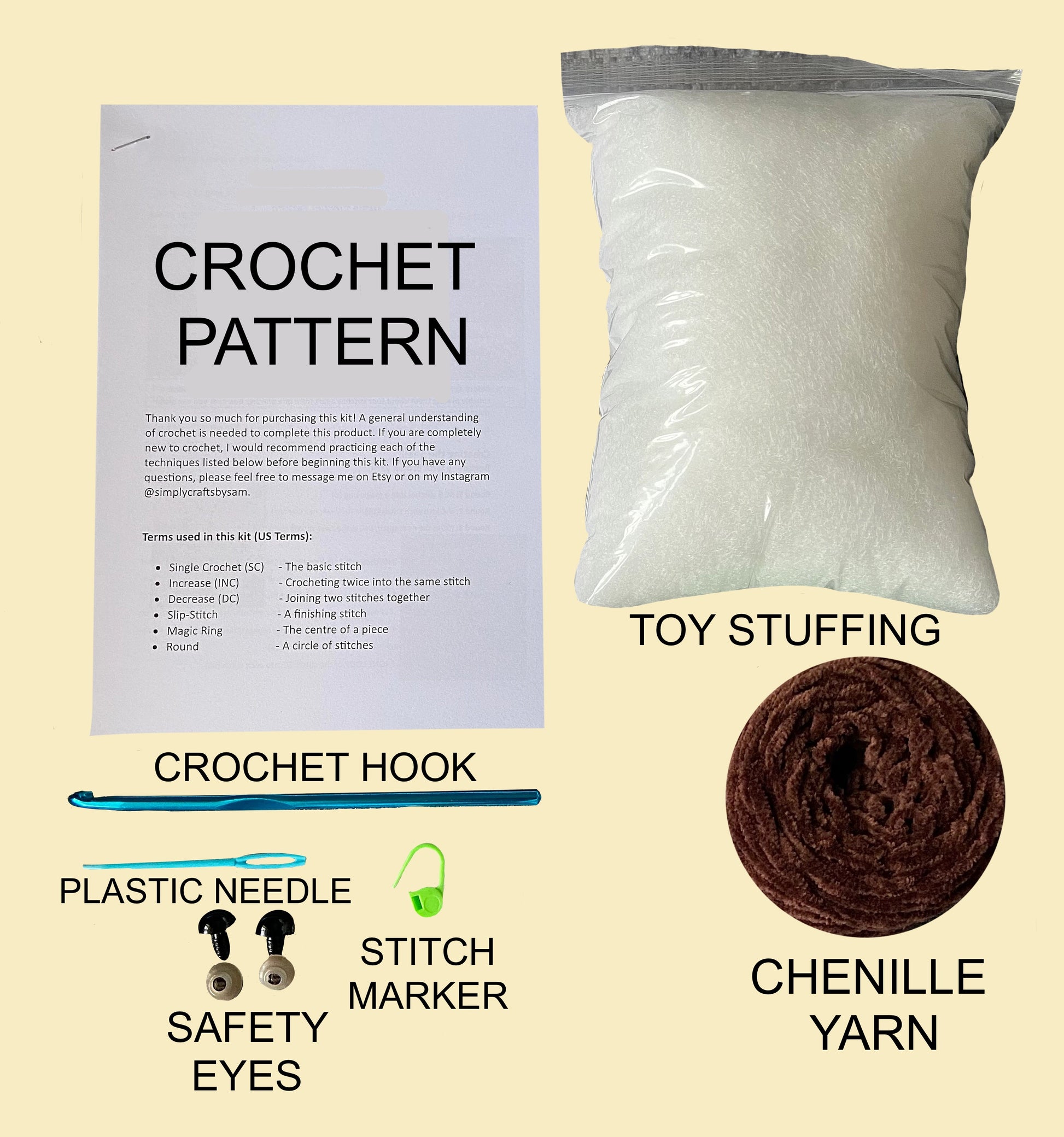 Contents of the rabbit crochet kit spread out including a written crochet pattern, toy stuffing, crochet hook, chunky chenille yarn, plastic needle, plastic stitch marker and safety eyes with backs